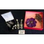 Butler and Wilson purple flower pendant in box. Together with various costume jewellery earrings. (