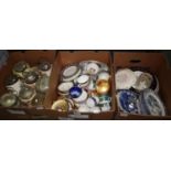 Three boxes of assorted china to include; one box containing assorted biscuit barrels with plated