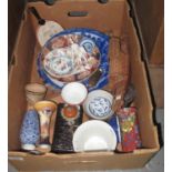 Box of assorted china, various to include; small famille rose design Chinese baluster vase, Japanese