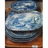 Tray of 19th Century blue and white transfer printed meat dishes with varying designs including;