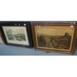 Pair of large furnishing prints, cattle watering. Together with two large furnishing prints, figures