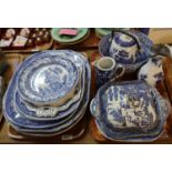 Two trays of assorted blue and white transfer printed pottery items, various to include; cabinet