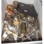 Box of metalware various to include; loose plated cutlery, goblet, cake slice, cased forks etc. (B.