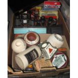 Box of oddments to include; binoculars, diecast model vehicles, Ronson Varaflame lighter box,