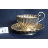 Continental silver writhen design teacup and saucer, with presentation initials, stamped 800. 6.6
