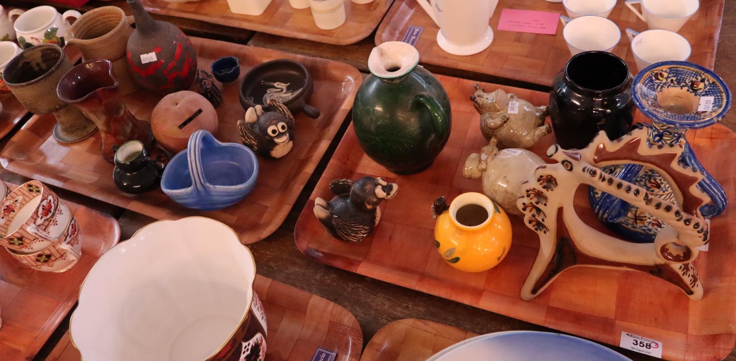 Two trays of art pottery items, various to include; jugs, vases, goblets, stylised birds and other