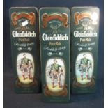 Three Glenfiddich single malt pure malt Scotch whisky bottles in original tin boxes, 750ml. (3) (B.