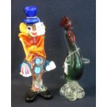 Murano style glass clown, together with another Murano style art glass model of a cockerel. (2) (B.