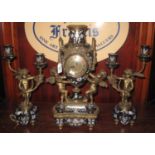 Classical design three piece clock garnitures, the quartz clock movement with an urn shaped vase and