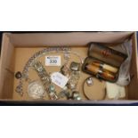 Box of assorted costume jewellery items, 1890 Queen Victoria silver crown in mount, cheroot holders,