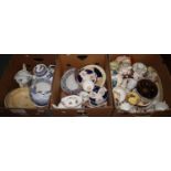 Three boxes of assorted china, various to include; 19th Century Gaudy Welsh tulip design part