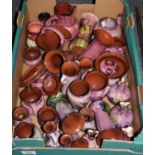Box of assorted Torquay pottery Lemon and Crute items; mainly on purple ground decorated with