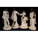 Four Mintons bronze and ivory pottery figurines to include; 'The Fisherman', 'Grecian dancer', '
