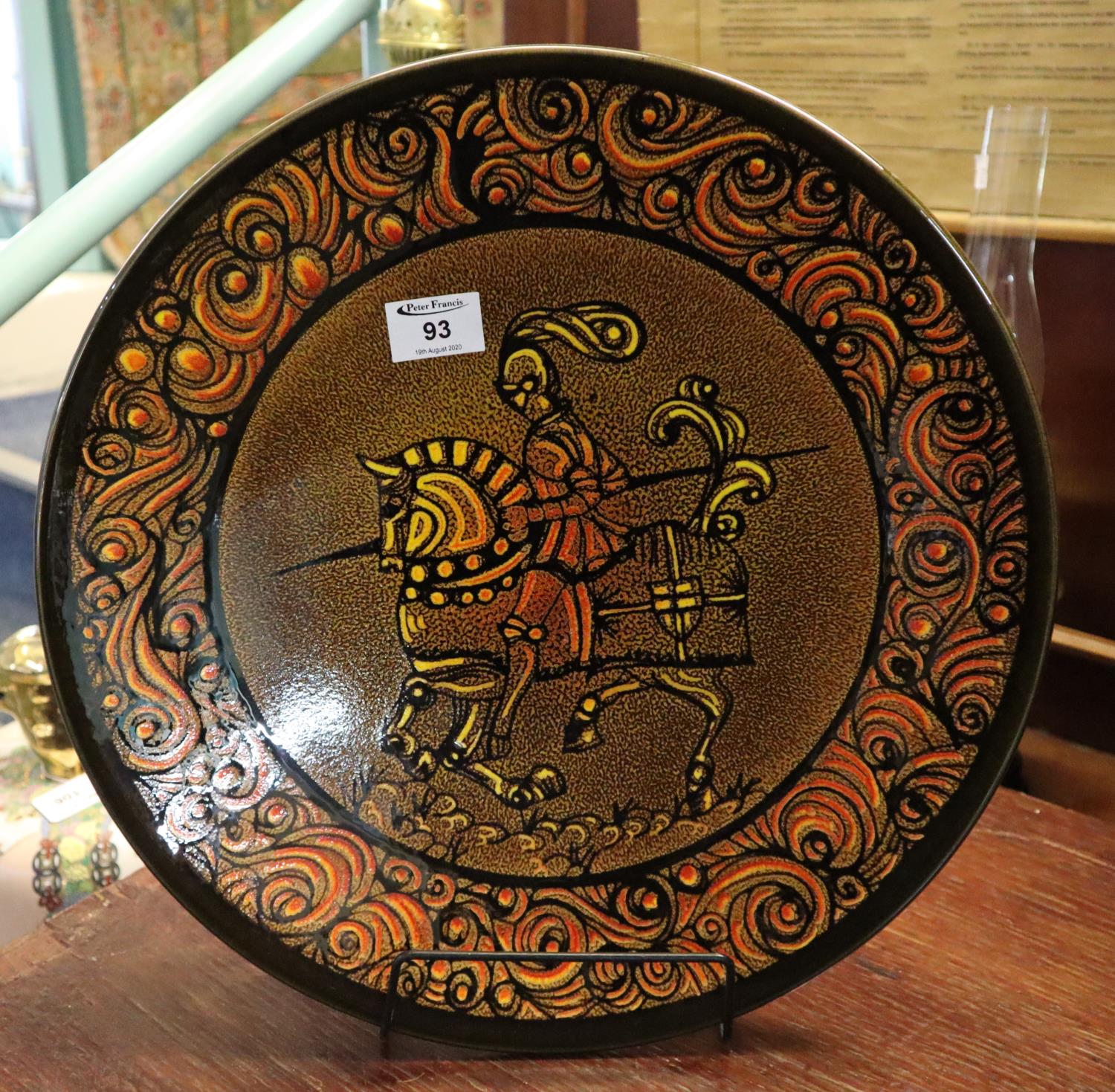 Large Poole pottery Aegean charger with knight on horseback by Diana Davis. (B.P. 21% + VAT) No