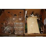 Box of assorted glassware to include; decanters, carafe, two handled bowl etc. Together with another