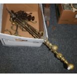 Box of assorted metalware to include; brass companion set, candle wall sconces with dragon