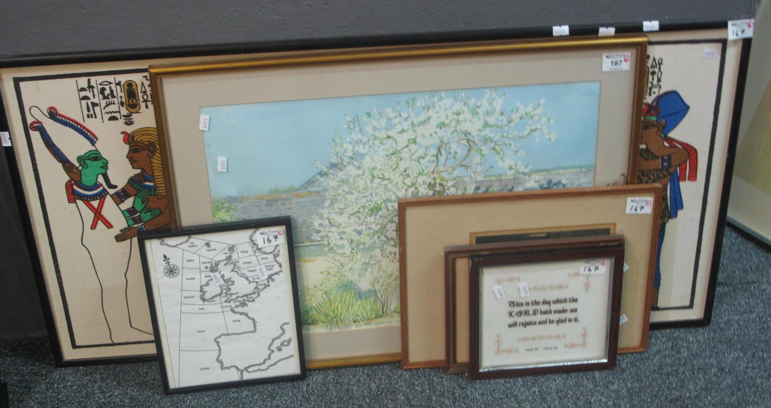 A group of furnishing pictures, map, embroidered text etc. Framed. (6) (B.P. 21% + VAT)