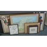 A group of furnishing pictures, map, embroidered text etc. Framed. (6) (B.P. 21% + VAT)