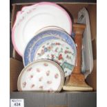 Box of assorted china, various to include; 19th Century and other pottery and porcelain plates,