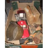 Box of oddments to include; bronze preserving pan, silver plated boot pin cushions, miniature