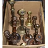 Box of assorted brass and wooden candlesticks. (B.P. 21% + VAT)