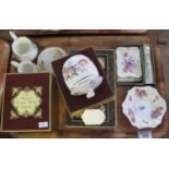 Tray of Royal Crown Derby English bone china items to include; Derby Posies jug, similar cream jug