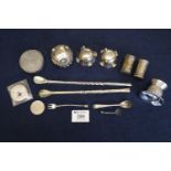 Bag of assorted silver and other metalware items including; salts, pepperette, Middle Eastern box,