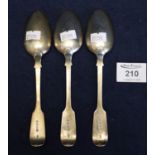 Set of three Victorian silver fiddle pattern dessert spoons, London hallmarks, engraved initials.