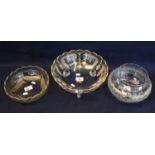 Clear and gilt glass rose bowl with high collar, together with a clear and gilt fruit bowl