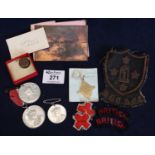 Bag of assorted military insignia, Coronation medallions, small bronze weight, laser badge etc. (B.