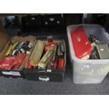 Three boxes of vintage Tri-ang, Hornby Dublo, Wrenn mainly 00 gauge locomotives and rolling stock,