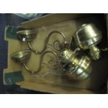 Pair of brass double burner lamps with chimneys on wall mounted brackets. (B.P. 21% + VAT)