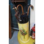 Modern floral transfer printed umbrella stand, together with assorted umbrellas, walking stick,
