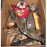 A box of metalware, various to include; horse brasses on leather straps, graduated set of copper and