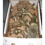 Box of assorted brassware to include; candlesticks, Middle Eastern design vases, ashtray, bird