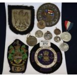 Three blazer badges and a Masonic apron badge, small bag of medals and medallions, various. (B.P.