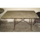 Rustic garden table of rectangular form, the wrought iron base with scroll decoration. (B.P. 21% +