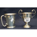 Small silver two handled trophy cup, Chester hallmarks, 11cm high approx. Together with a straight