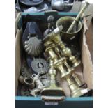 Box of assorted brass to include; horse brasses on leather straps, candlesticks, pestle and mortar