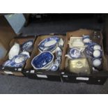 Three boxes of mainly blue and white dinnerware items, various to include; Copeland Spode's tower,