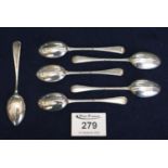 Matching group of five silver coffee spoons in Old English design with London hallmarks. Together