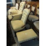 Victorian mahogany framed button back upholstered fireside armchair, together with another similar