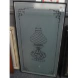 Etched glass door panel decorated with oil lamp within frame. 88 x 44cm approx. (B.P. 21% + VAT)