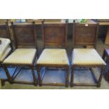 Set of six early 20th Century oak dining chairs with carved foliate solid backs on turned