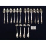 Bag of assorted silver teaspoons and salt spoons, various, two sets of six and four salt spoons.