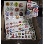 Box containing assorted badges to include; Ford, Coca Cola, WRU, skate electric etc. (B.P. 21% +