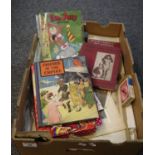 Box of assorted printed ephemera, very varied including; postcards, photographs, Tom & Jerry comic