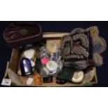 Box of oddments to include; applique embroidered beaded cushion, various ornaments, plaster