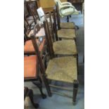 Late 19th/early 20th Century ash and elm ladder back Lancashire style dining chairs on rush