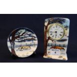 Moorcroft art pottery tube lined mantel clock in the 'Woodside Farm' pattern, dated 1999, from St